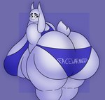 anthro big_butt blush butt clothing eyelashes female huge_butt hyper hyper_butt looking_at_viewer looking_back presenting presenting_hindquarters simple_background solo tail text text_on_clothing text_on_underwear underwear white_body mechaclank undertale_(series) toriel bovid caprine goat mammal 2024 hi_res