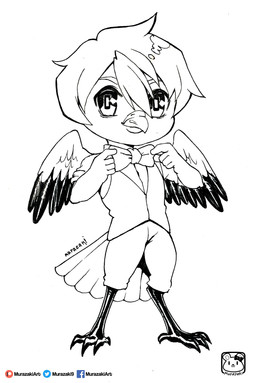 avian_feet beak bow_tie chibi clothed clothing hair kemono looking_at_viewer male simple_background smile solo white_background wings murazaki avian bird 2019 hi_res sketch traditional_media_(artwork)