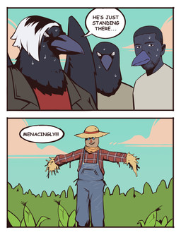 anthro back_wings beak beak_closed black_body black_feathers black_hair blue_clothing blue_overalls blue_sky bodily_fluids clothed clothed_anthro clothed_human clothed_male clothing cloud day dialogue facial_hair fake_beak feathers folded_wings front_view grey_clothing grey_topwear group hair hat headgear headwear looking_at_viewer male mouth_closed nervous nervous_sweat outside overalls pattern_clothing pattern_shirt pattern_topwear plaid plaid_clothing plaid_shirt plaid_topwear plant pupils red_clothing red_shirt red_topwear scarecrow shirt sky small_comic speech_bubble straw_hat sweat sweaty_face text thin_eyebrows topwear trio white_eyes white_hair white_sclera wings bonnymama7 avian bird corvid corvus_(genus) crow human mammal oscine passerine 2026 absurd_res bust_portrait comic digital_drawing_(artwork) digital_media_(artwork) english_text first_page hi_res portrait