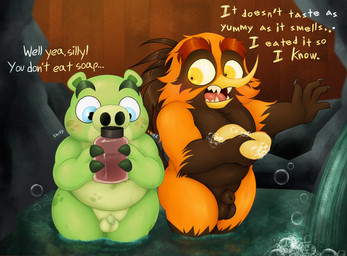 animal_genitalia anthro balls bathing bathing_together beak blue_eyes blush brown_body brown_feather_hair brown_feathers brown_hair brown_tail brown_tail_feathers butt claws dialogue duo exclamation_point fangs feather_hair feathers fur genitals green_body green_claws green_ears green_fur green_nose grey_claws hair inside looking_at_another looking_at_object male moobs multicolored_body multicolored_feathers multicolored_fur multicolored_hair nude obese obese_anthro obese_male onomatopoeia orange_body orange_eyes orange_feather_hair orange_feathers orange_hair orange_sclera overweight overweight_anthro overweight_male partially_submerged penis pseudo_hair sharp_teeth sheath small_balls small_penis sniffing soap soap_bar soap_bubbles sound_effects standing tail tail_feathers teeth text thick_thighs tongue two_tone_body two_tone_feather_hair two_tone_feathers two_tone_hair water yellow_beak young young_anthro young_male sinood1e angry_birds rovio_entertainment sega boe_(sinood1e) bubbles_(angry_birds) bubbles_(sinood1e) fan_character avian bird oriole_(bird) 2025 absurd_res digital_media_(artwork) english_text hi_res