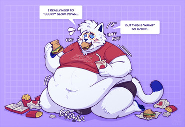 anthro belly beverage big_belly blue_eyes breath bulge burger burping clothing eating eyewear fast_food fat_legs feedee food fries fur geometric_background glasses gluttony grid_background kneeling male messy_eater moobs morbidly_obese morbidly_obese_anthro morbidly_obese_male obese obese_anthro obese_male overweight overweight_anthro overweight_male panting pattern_background purple_background rumbling_stomach shirt simple_background soda solo speech_bubble stuffing t-shirt text tight_clothing topwear trash underwear weight_gain white_body white_fur coffeequasar frost_the_cat domestic_cat felid feline felis mammal 2026 english_text hi_res