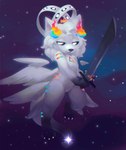 anthro black_sclera crown ears_up ether ethereal ethereal_sword ethereal_tail feathered_wings feathers fluffy flying fur hair headgear horn kemono looking_at_viewer magic male melee_weapon multi_eye multi_wing paws pivoted_ears proud rainbow right-handed semi-anthro shiny_star sky smile smiling_at_viewer smug_face solo space sparklefur star star_tail striped_body striped_fur stripes sword tail triangle_(shape) tuft weapon white_body white_eyes white_hair white_wings wings elodoart mythology lucero_(yamikadesu) angel angel_dragon domestic_cat dragon felid feline felis hybrid mammal mythological_creature mythological_scalie scalie colorful_theme hi_res