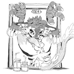 anthro biped ear_piercing ear_tag free_use genitals glans half-erect humanoid_genitalia humanoid_penis looking_at_viewer male penis piercing solo submissive submissive_anthro submissive_male uncomfortable_bondage ibn002tuooooo avian bird 2025 greyscale hi_res monochrome