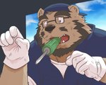 anthro beard black_nose bodily_fluids brown_body brown_fur clothing eyewear facial_hair fur glasses hat headgear headwear humanoid_hands kemono male mustache shirt solo sweat topwear kotori love_mechanic tom_(lm) bear mammal 2015 5:4