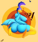 anthro anthrofied areola beak big_breasts big_butt blue_body blue_feathers breasts butt butt_pose crossgender curvy_figure feathers female heart_symbol huge_breasts huge_butt looking_at_viewer looking_back looking_back_at_viewer nipples non-mammal_breasts non-mammal_nipples nude open_beak open_mouth open_smile pink_areola pink_nipples pose simple_background smile smiling_at_viewer solo thick_thighs voluptuous wide_hips wings yellow_beak letfurry1t looney_tunes warner_brothers road_runner_(looney_tunes) avian bird cuculiform new_world_ground_cuckoo roadrunner 2020 digital_media_(artwork) hi_res shaded signature