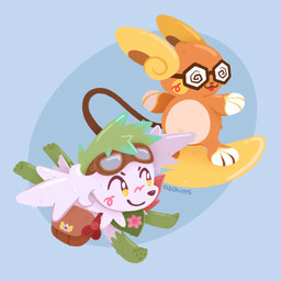 bag blush duo eyewear feral flying fur glasses green_hair hair male male/male wearing_glasses white_body white_fur yellow_body yellow_eyes aschims nintendo pokemon pokemon_mystery_dungeon spike_chunsoft fan_character alolan_form alolan_raichu generation_4_pokemon generation_7_pokemon legendary_pokemon pokemon_(species) regional_form_(pokemon) shaymin sky_forme_shaymin 1:1 hi_res