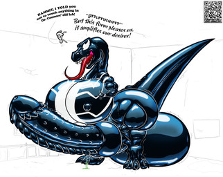 abs anthro balls big_breasts black_body breasts dialogue digitigrade duo erection genitals gesture glistening glistening_body gynomorph hand_gesture huge_breasts hybrid_genitalia hybrid_penis inside intersex knot muscular nipples nubbed_penis penis pointing pointing_at_another sharp_teeth size_difference smile standing tail teeth text tongue tongue_out daniel_kay marvel spider-man_(series) spider-man_(character) venom_(marvel) dinosaur prehistoric_species reptile scalie 2025 digital_media_(artwork) english_text hi_res