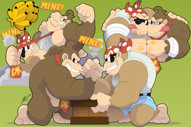 anthro arm_wrestling banana bodily_fluids bottomwear brown_body brown_fur clenched_teeth clothing duo eyewear food fruit fur kerchief male muscular muscular_anthro muscular_male necktie plant shirt shorts side_view sunglasses sweat tank_top teeth tongue tongue_out topwear hikazedragon donkey_kong_(series) nintendo donkey_kong_(character) funky_kong ape haplorhine kong mammal primate hi_res