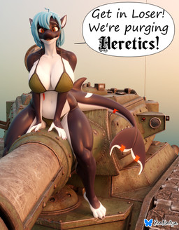 4_toes anthro barefoot big_breasts bikini blue_hair breasts claws clothing curvy_figure feet female green_bikini green_clothing green_swimwear hair looking_at_viewer multicolored_body orange_eyes plantigrade pointy_ears sharp_teeth short_hair simple_background sitting smile solo speech_bubble straddling_vehicle swimwear tank_(vehicle) teeth toe_claws toes two-piece_swimsuit two_tone_body vehicle wide_hips rileyarlic_(artist) warhammer_(franchise) warhammer_40000 zea_nalya aquatic cetacean dolphin mammal oceanic_dolphin orca toothed_whale hi_res meme