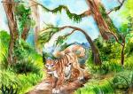 ambiguous_gender blue_eyes brown_body brown_fur brown_stripes feral fur grass multicolored_body multicolored_fur outside plant quadruped sky solo stripes tree white_body white_fur fuzzymaro felid mammal pantherine tiger hi_res painting_(artwork) traditional_media_(artwork) watercolor_(artwork)