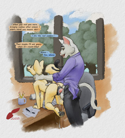adolescent adolescent_penetrated adult_on_adolescent adult_on_young age_difference all_fours animal_genitalia animal_vulva anthro anus balls bodily_fluids bottomwear butt canine_genitalia canine_vulva classroom clothed clothed_sex clothing cum cum_from_vagina cum_in_vagina cum_inside cum_overflow cum_string desk dialogue doggystyle duo erection feet female female_penetrated fingers from_behind_position fur furniture genital_fluids genitals hand_on_neck male male/female male_penetrating male_penetrating_female necktie nude older_male on_desk open_bottomwear open_clothing open_mouth open_pants pants pawpads penetration penile penis school sex shirt smile speech_bubble student table tail teacher teacher_and_student teacher_on_student text toes topwear vaginal vaginal_penetration vulva young young_anthro young_female younger_female redleveret sasha_(redleveret) canid canine canis domestic_cat domestic_dog felid feline felis mammal absurd_res digital_media_(artwork) english_text hi_res