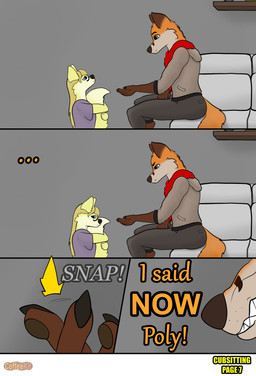 age_difference angry anthro blonde_hair blue_eyes bottomwear claws clothed clothing demanding dialogue duo eyewear female frustrated fur furniture glasses green_eyes growling hair holding_tail inside jacket leg_markings loli looking_at_another looking_away male male/female markings orange_body orange_fur pajamas pants pawpads red_scarf reluctant scarf size_difference snapping_fingers snarling socks_(marking) sofa sound_effects tail topwear yellow_body yellow_fur young young_anthro young_female coffeekit ollie(coffeekit) polymorph canid canine fox mammal absurd_res comic hi_res