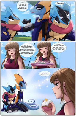 5_fingers anthro biped blue_body blue_tail breasts brown_eyes brown_hair clothed clothed_female clothed_human clothing cloud day dialogue eyes_closed female fingers front_view group hair holding_object kneeling looking_at_another male nude nude_anthro nude_male open_mouth open_smile outside plant sky smile speech_bubble standing tail teeth text tongue tree trio donutella nintendo pokemon generation_6_pokemon generation_8_pokemon generation_9_pokemon greninja human inteleon mammal mega_evolution mega_greninja pokemon_(species) 2025 absurd_res digital_drawing_(artwork) digital_media_(artwork) english_text hi_res