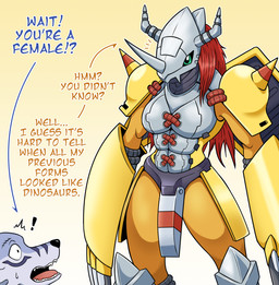 anthro armor claw_(weapon) dialogue duo female green_eyes hair male male/female melee_weapon orange_body red_hair text weapon vavacung bandai_namco digimon digimon_(species) reptile scalie wargreymon weregarurumon english_text hi_res