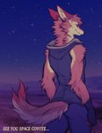 anthro arm_tuft clothed clothing detailed_background elbow_tuft fully_clothed fur head_tuft male outside shoulder_tuft sky solo star starry_sky tail text tuft falvie canid canine canis coyote mammal 2020 color_contrast digital_media_(artwork) english_text hi_res