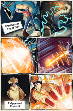 ambiguous_gender beak blue_bottomwear blue_clothing blue_pants bottomwear clothed clothing feathers feral fingers footwear fully_clothed larger_feral pants pink_beak size_difference smaller_feral smaller_human topwear nellies_nest nintendo pokemon avian generation_1_pokemon gyarados human mammal pidgey pokemon_(species) absurd_res comic hi_res