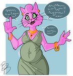 5_fingers anthro breasts claws clothed clothing dress eyebrows female fingers fur green_eyes jewelry open_mouth open_smile pink_body pink_fur pregnant pregnant_anthro pregnant_female smile solo speech_bubble whiskers babybumps bojack_horseman netflix princess_carolyn domestic_cat felid feline felis mammal hi_res