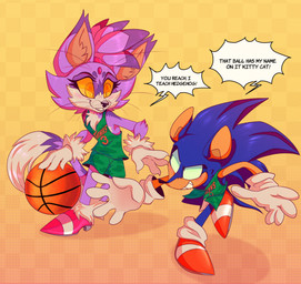 anthro ball basketball basketball_(ball) basketball_uniform blush clothing cosplay crossover_cosplay dialogue duo female footwear hair hero high_heels male male/female ponytail princess royalty shoes smile speech_bubble sportswear text uniform plaguedogs123 goat_(movie) sega sonic_the_hedgehog_(series) blaze_the_cat jett_fillmore sonic_the_hedgehog will_harris domestic_cat eulipotyphlan felid feline felis hedgehog mammal absurd_res crossover english_text hi_res