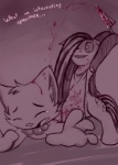 anthro apron blood bodily_fluids clothing cutie_mark dialogue duo evil_grin female feral gem grin knife pain pearl_(gem) smile tears text marshmallow_(artist) bittersweet_candy_bowl cupcakes_(mlp_fanfic) friendship_is_magic hasbro my_little_pony daisy_(bcb) pinkamena_(mlp) pinkie_pie_(mlp) domestic_cat earth_pony equid equine felid feline felis horse mammal pony crossover english_text