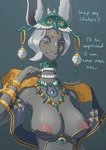 2024 3_eyes anthro areola blue_eyes blush breasts choker clothing dialogue english_text female grey_body grey_hair hair headdress hi_res jewelry long_neck mammal meme mineru multi_eye necklace nintendo nipple_piercing nipples piercing ring secret_stone simple_background solo succubustail tears_of_the_kingdom text the_legend_of_zelda until_it_snaps zonai