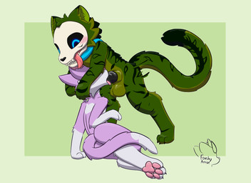 animal_genitalia animal_penis anthro balls black_penis blue_eyes bodily_fluids bone bone_mask canine_genitalia canine_penis claws duo fellatio female fur genitals green_body green_fur irrumatio male male/female mask oral penile penis penis_in_mouth saliva saliva_on_penis saliva_string scarf sex skull skull_head skull_mask toe_claws feeshyartist miu_(feeshyartist) domestic_cat felid feline felis mammal philikkahn skullcat_(species) absurd_res hi_res