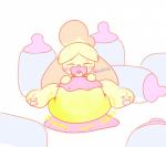 anthro blush bodily_fluids bottle clothed clothing container diaper eyes_closed female genital_fluids nap object_in_mouth pacifier pacifier_in_mouth paws peeing simple_background sleeping solo unclean_diaper urine used_diaper wearing_diaper wet_diaper wetting white_background white_diaper sir-dancalot animal_crossing nintendo isabelle_(animal_crossing) canid canine canis domestic_dog mammal shih_tzu toy_dog