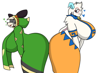 anthro anthro_on_anthro bell big_breasts big_butt black_nose breasts butt clothed clothed_anthro clothed_female clothing duo eyewear female female/female female_anthro fully_clothed fully_clothed_anthro fully_clothed_female fur glasses hair heart_symbol horn leaning leaning_forward looking_at_viewer looking_back markings red_eyewear red_glasses round_glasses side_view simple_background tail thick_thighs tongue tongue_out white_background white_body white_fur wide_hips enderbendr atlyss angela_flux sally_(atlyss) american_opossum chang_(atlyss) kubold_(atlyss) mammal marsupial 4:3 hi_res