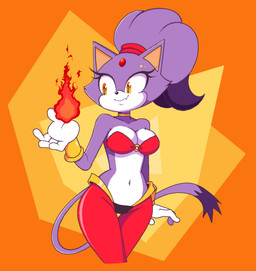 anthro armlet big_breasts bottomwear bra breasts cleavage clothed clothing cosplay crossover_cosplay elemental_manipulation female fire fire_manipulation forehead_gem fur gem gloves hair handwear jewelry navel necklace orange_background pants ponytail purple_body purple_fur purple_hair simple_background smile solo tail topwear underwear yellow_eyes cyrockstar sega shantae_(series) sonic_the_hedgehog_(series) wayforward blaze_the_cat shantae domestic_cat felid feline felis mammal 2026 absurd_res crossover digital_drawing_(artwork) digital_media_(artwork) hi_res