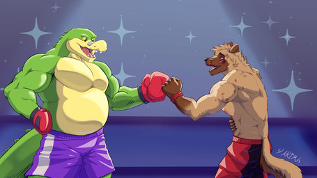 belly bottomwear boxing boxing_gloves boxing_shorts bruised clothing fist_bump gesture green_body green_scales handwear male musclegut muscular open_mouth purple_bottomwear purple_clothing purple_shorts red_bottomwear red_clothing red_shorts ring scales shorts sport yarem4 brok_the_investigator cowcat_games brok_(brok_the_investigator) crocodile crocodilian hyena mammal reptile scalie spotted_hyena 16:9 hi_res widescreen