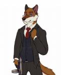 anthro clothed clothing fur gun looking_at_viewer m1_thompson male necktie ranged_weapon smile solo standing weapon koorivlf canid canine mammal digital_media_(artwork) hi_res