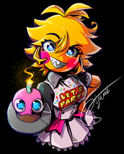 beakless blonde_hair blue_eyes clothed clothing eyelashes female hair machine sharp_teeth solo teeth ill_yumi five_nights_at_freddy's five_nights_at_freddy's_2 scottgames cupcake_(fnaf) toy_chica_(fnaf) avian humanoid robot
