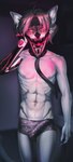 5_fingers abs anthro aroused athletic athletic_anthro athletic_male belly biceps big_bulge black_hair black_nose blurred_background bulge claws clothed clothing cybernetic_arm cybernetic_jaw cybernetic_limb cybernetic_neck cybernetics cyberpunk detailed_bulge ear_markings erection erection_under_clothing eye_markings eyebrows eyewear finger_claws fingers fur genital_outline genitals glasses grey_clothing grey_ears grey_necktie grey_underwear hair huge_bulge humanoid_genitalia humanoid_penis inner_ear_fluff inside machine male markings navel necktie night nipples nude nude_anthro penis penis_outline pink_nipples red_eyes red_eyewear red_glasses red_light simple_background skinny slim slim_anthro slim_male small_waist solo tail tail_tuft teeth tenting tuft underwear underwear_only white_arms white_belly white_body white_chest white_ears white_fur white_legs white_tail evitoom marley_cooper(ripper) domestic_cat felid feline felis mammal absurd_res colored digital_drawing_(artwork) digital_media_(artwork) hi_res portrait shaded