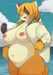 anthro areola beach belly big_breasts blush breasts clothing cloud eyebrows eyes_closed female fur genitals huge_breasts jacket kemono multicolored_body multicolored_fur navel nipples open_mouth open_smile outside overweight overweight_anthro overweight_female pussy seaside sky smile solo thick_thighs topwear water akitaka domestic_cat felid feline felis mammal 2019