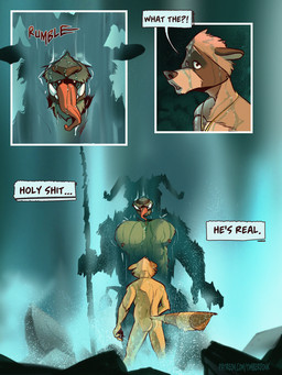 abs anthro butt dialogue duo fingers fur holding_object horn male male/male muscular muscular_anthro muscular_male nipples nude open_mouth partially_submerged pecs silhouette silhouetted_body size_difference speech_bubble standing tail teeth text thought_bubble tongue tongue_out water waterfall wet wet_body wet_fur timberdonk rhys_(timberdonk) mammal monster procyonid raccoon 3:4 comic digital_media_(artwork) english_text hi_res