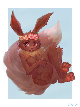 anthro breasts brown_body brown_fur featureless_breasts feet female fingers flower flower_crown flower_garland fur pawpads plant simple_background smile solo tail toes ciel.chevalier nintendo pokemon eevee generation_1_pokemon mammal pokemon_(species) 3:4 digital_media_(artwork) hi_res