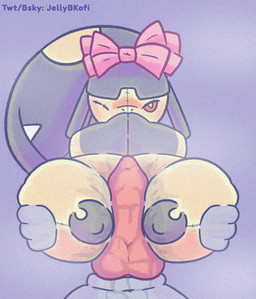 animal_genitalia animal_penis anthro balls blush bodily_fluids canine_genitalia canine_penis duo erection feet female folded fur genital_fluids genitals male male/female nude penis plushie plushophilia seam_(sewing) sex shy simple_background spread_legs spreading squish text thigh_sex thigh_squish jellybeankofi don't_attack_me_mawile nintendo pokemon animate_inanimate generation_3_pokemon living_plushie mawile pokemon_(species) 2026 artist_name hi_res