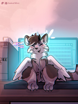 ambiguous_gender blush blush_lines brown_body brown_fur computer computer_keyboard computer_monitor detailed_background electronics excited excited_expression feral fur horn shaded_background tail wings conditional_dnp sadcat16hrz mythology lalimeow dragon felid feline mammal mythological_creature mythological_scalie scalie 3:4 absurd_res hi_res shaded