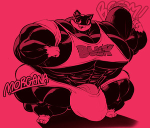 anthro big_bulge big_muscles big_pecs bottomwear bulge clothing cute_fangs fangs flexing flexing_bicep fur genitals half-closed_eyes huge_bulge huge_muscles huge_pecs hyper hyper_bulge hyper_muscles hyper_pecs ineffective_clothing looking_at_viewer male motion_lines multicolored_body multicolored_fur muscular name_drop narrowed_eyes onomatopoeia open_mouth open_smile pecs penis penis_poking_out shadow shirt shorts simple_background smile solo sound_effects tank_top teeth text topwear towel towel_on_shoulder two_tone_body two_tone_fur meowmymyamo atlus megami_tensei persona_(series) persona_5 sega morgana_(persona) domestic_cat felid feline felis mammal 2026 english_text hi_res shaded