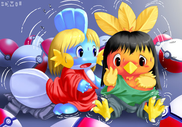 beak bottomwear clothed clothing duo feathers feet female pants pokeball shirt shrinking size_transformation standard_pokeball surprised talons toes topwear transformation edmol nintendo pokemon generation_3_pokemon mudkip pokemon_(species) torchic 2007
