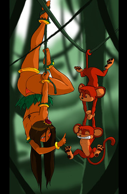 accessory bikini blush bottomwear brown_hair butt clothed clothing dangling dark_body dark_skin female feral flower flower_in_hair grass_skirt group hair hair_accessory hanging_by_tail hula_girl plant skimpy skirt spread_legs spreading suspension swimwear tail thong two-piece_swimsuit underwear upside_down vines shonuff haplorhine human mammal monkey primate digital_media_(artwork) hi_res