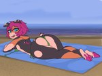 anthro beach bikini blue_eyes brown_body butt clothed clothing day female green_bikini_bottom green_bikini_top hair hooves looking_at_viewer looking_back looking_back_at_viewer lying on_front on_towel outside pink_hair pink_hooves seaside short_hair smile solo swimwear topless towel two-piece_swimsuit general-irrelevant billie_corneja domestic_pig mammal suid suine sus_(pig) 2023 digital_media_(artwork) hi_res