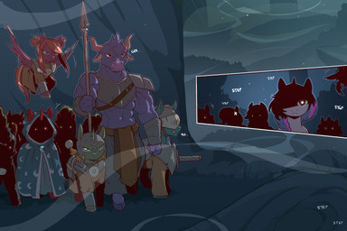anthro armor bangs braided_hair cloak clothing cloven_hooves ears_up everfree_forest female feral flying green_eyes group hair hood hooves horn intense male melee_weapon night onomatopoeia outside polearm purple_body purple_hair quadruped red_body robe scar sound_effects spear spread_wings standing text weapon wings cold-blooded-twilight european_mythology friendship_is_magic greek_mythology hasbro my_little_pony mythology applejack_(mlp) fan_character fluttershy_(mlp) mane_six_(mlp) pinkie_pie_(mlp) rainbow_dash_(mlp) rarity_(mlp) twilight_sparkle_(mlp) bovid bovine earth_pony equid equine horse mammal minotaur mythological_creature mythological_equine pegasus pony unicorn 2025 3:2 comic hi_res