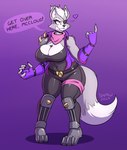 2019 anthro big_breasts biped breasts canid canine canis clothing crossgender english_text eye_patch eyewear female fingerless_gloves fur gloves grey_body grey_fur handwear heart_symbol hi_res mammal mtf_crossgender nintendo pose purple_background shaw simple_background smile solo speech_bubble star_fox text whitehair wolf wolf_o'donnell