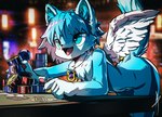 anthro bent_over bent_over_table blue_eyes blue_hair blurred_background card casual_nudity cat_food cheek_tuft chest_tuft detailed_background facial_tuft feathered_wings feathers furniture gloves_(marking) hair happy jewelry looking_at_food looking_at_object male male_anthro markings necklace open_mouth open_smile pet_food playing_card raised_tail reaching short_hair smile solo spread_wings stack table tail tin_can tuft white_body white_feathers wings blaedic felid feline mammal 2022 absurd_res hi_res