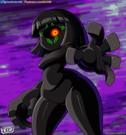1_eye black_body breasts female gesture hair hand_gesture looking_at_viewer machine mouthless not_furry nude red_eyes shadow_devil short_hair solo text thick_thighs jackintaro capcom mega_man_(series) megaman_(classic) cyclops humanoid robot robot_humanoid absurd_res digital_media_(artwork) hi_res url