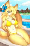 accessory anthro bikini blonde_hair butterfly_clip clothing eyewear facial_piercing female hair hair_accessory hairclip navel piercing solo swimwear two-piece_swimsuit misentes kaiyonato canid canine fennec_fox fox mammal true_fox 2019 hi_res