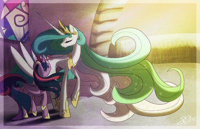 crown duo feathered_wings feathers female feral fur gold_(metal) hair headgear horn jewelry long_hair multicolored_hair necklace outside princess purple_body purple_eyes purple_fur purple_hair quadruped royalty sparkles standing sun tail two_tone_hair wings probablyfakeblonde friendship_is_magic hasbro my_little_pony mythology princess_celestia_(mlp) twilight_sparkle_(mlp) equid equine mammal mythological_creature mythological_equine winged_unicorn 2013