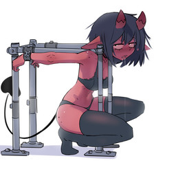 black_hair bodily_fluids bra breasts butt clothing crouching cuff_(restraint) drooling female freckled_butt freckled_face freckled_shoulders freckles hair horn legwear looking_at_viewer medium_breasts panties pointy_ears red_body restraints saliva short_hair simple_background solo spade_tail tail thigh_highs underwear white_background nradiowave demon humanoid 1:1