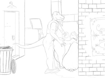alley belly big_belly big_breasts bodily_fluids breast_expansion breasts cum cum_inflation cum_inside duo excessive_cum excessive_genital_fluids excessive_lactation expansion female genital_fluids huge_breasts hyper hyper_breasts inflation lactating lactating_during_sex male male/female cjthegreat2003 animal_humanoid canid canid_humanoid canine canine_humanoid dog_humanoid humanoid lizard mammal mammal_humanoid reptile scalie 4:3 monochrome