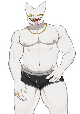 anthro black_clothing black_underwear chain claws clothing gold_(metal) gold_chain grey_waistband jewelry male muscular muscular_anthro muscular_male navel navel_piercing necklace nipple_piercing nipples noseless piercing pointy_ears ring sharp_teeth simple_background smile solo teeth tongue tongue_piercing underwear white_background white_body white_skin yellow_eyes yellow_teeth oyasmis miya_(oyasmis) domestic_cat felid feline felis mammal hi_res